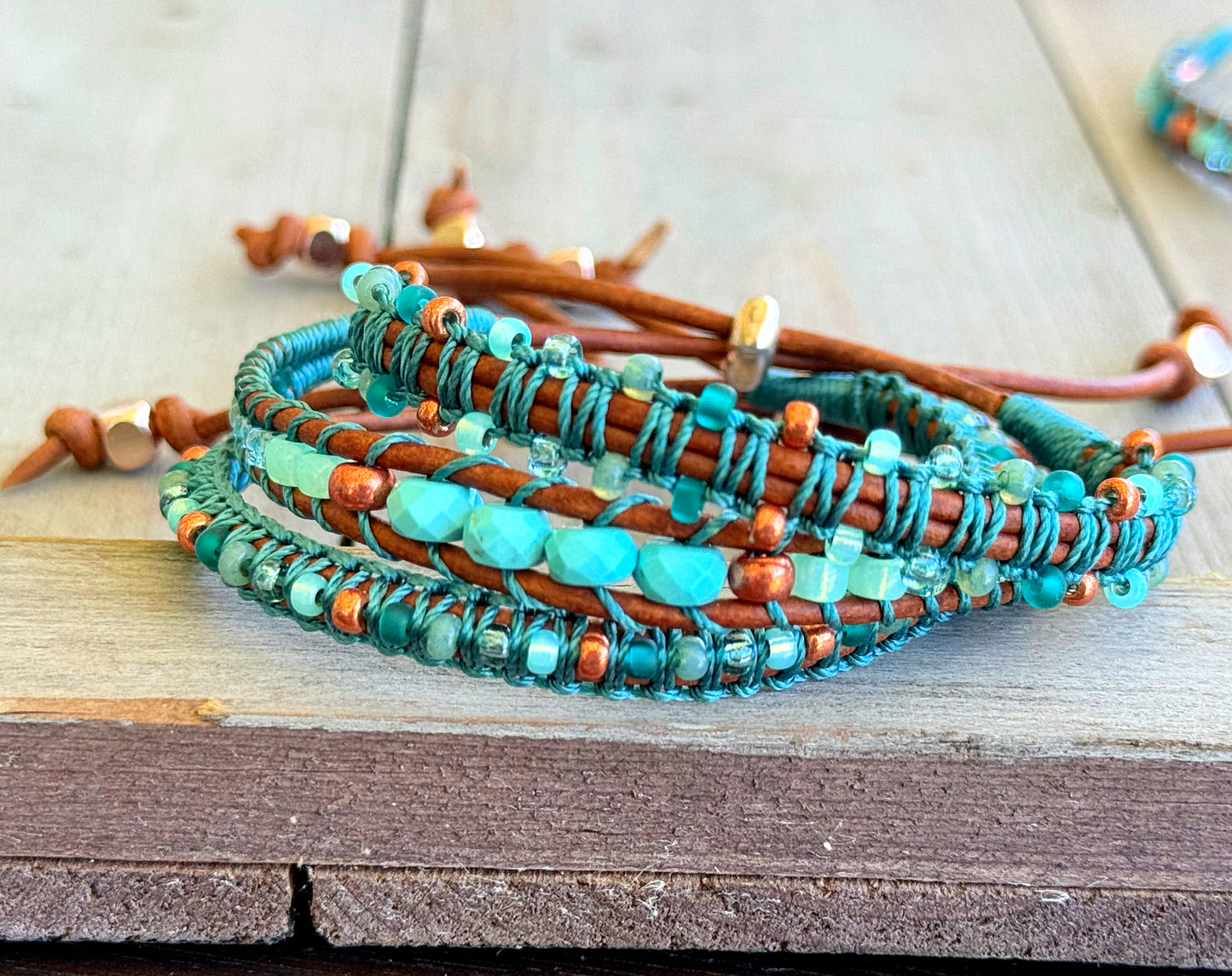 Turquoise Blue and Green Tropical Beaded Macrame Bracelet Set