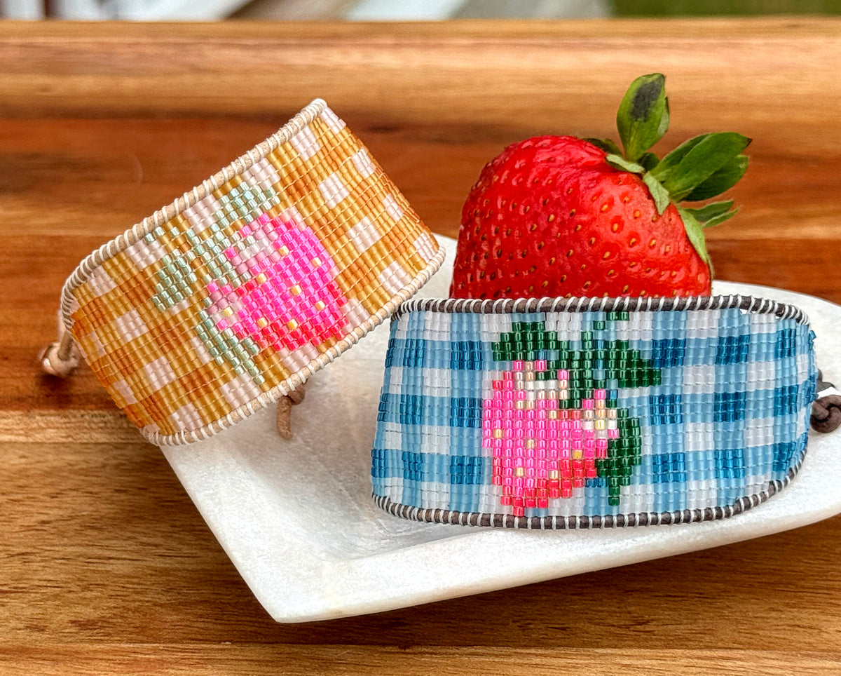 Blue gingham Strawberry Bead Loom Woven bracelet