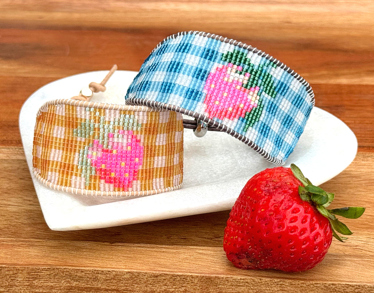 Blue gingham Strawberry Bead Loom Woven bracelet