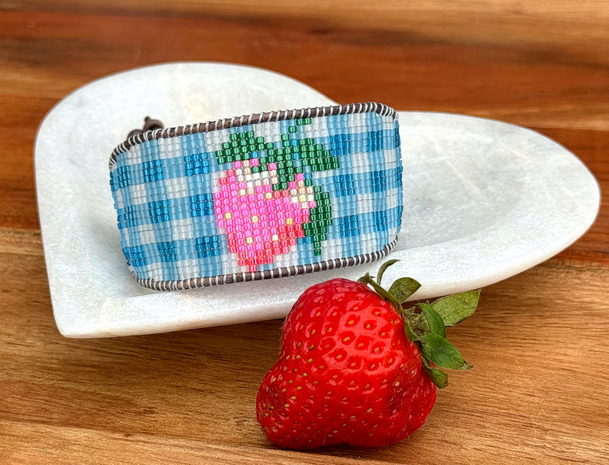 Blue gingham Strawberry Bead Loom Woven bracelet