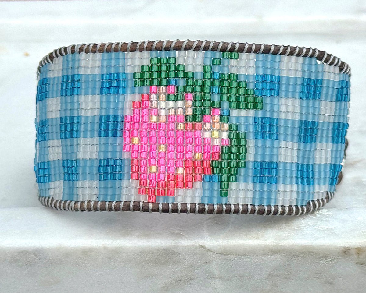 Blue gingham Strawberry Bead Loom Woven bracelet