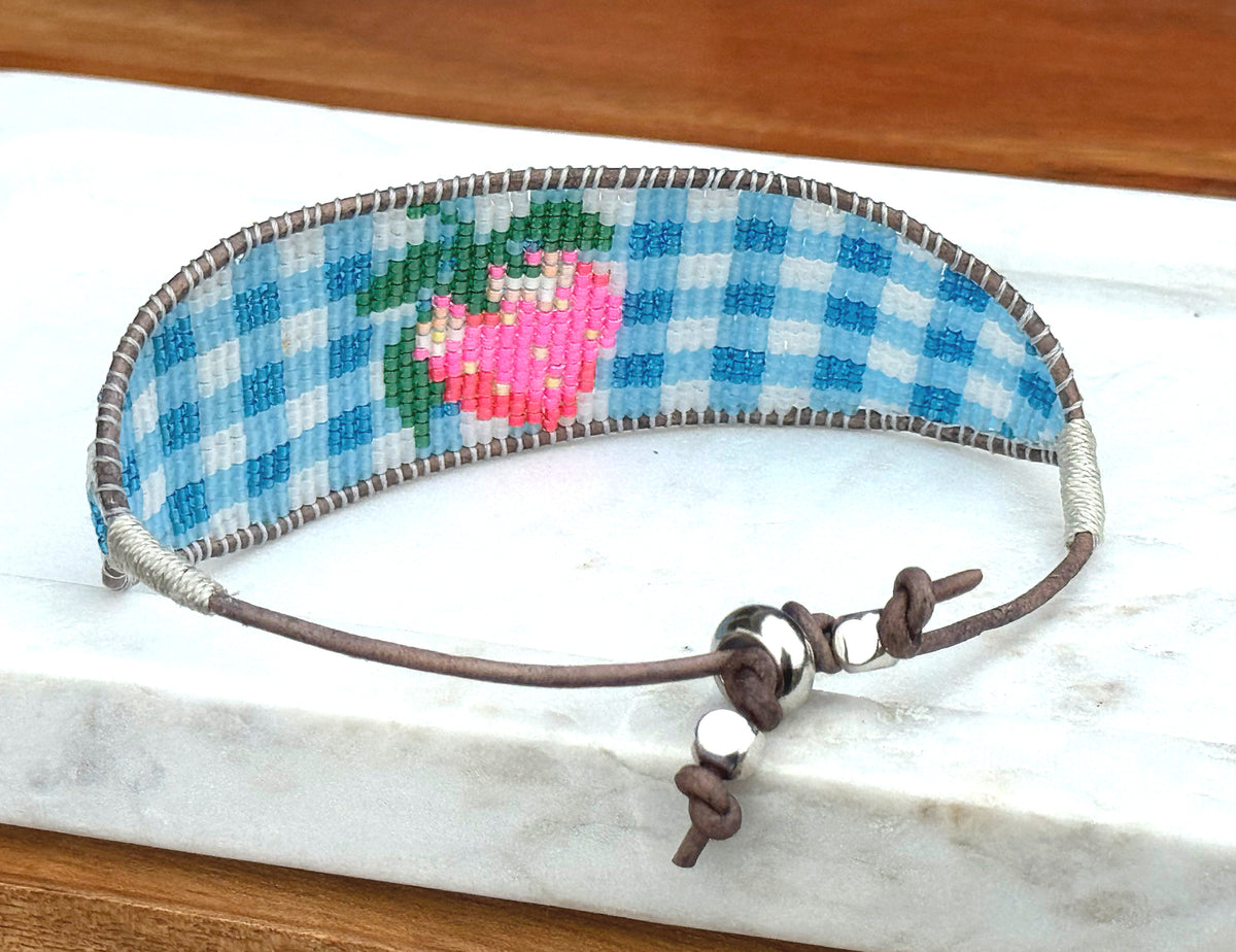 Blue gingham Strawberry Bead Loom Woven bracelet