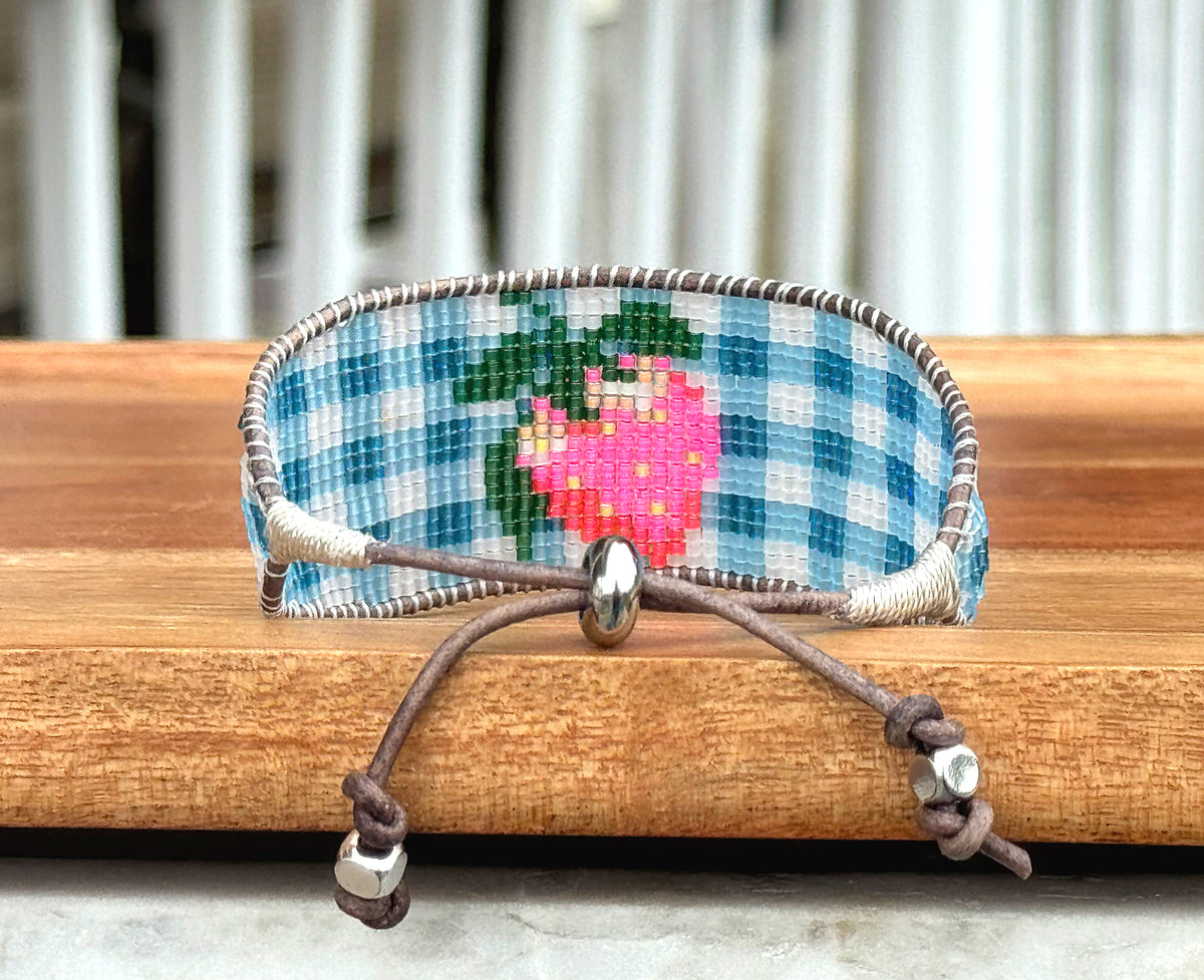 Blue gingham Strawberry Bead Loom Woven bracelet