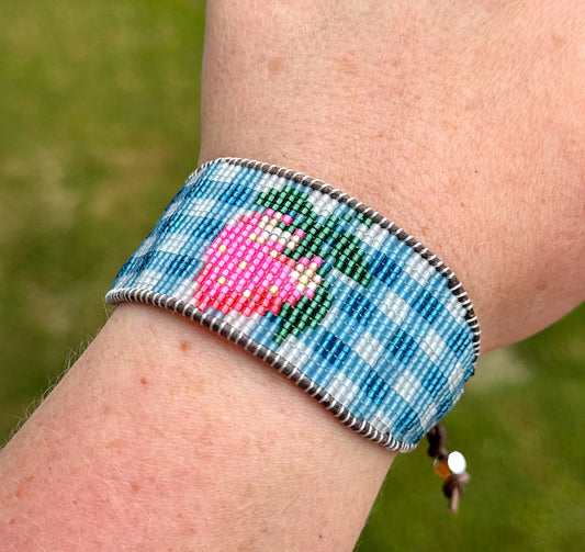 Blue gingham Strawberry Bead Loom Woven bracelet