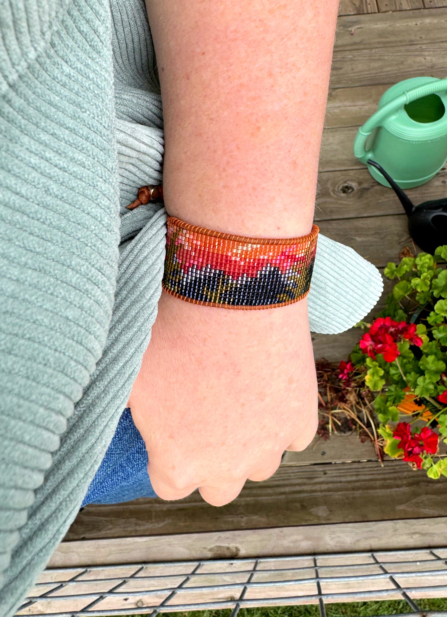 Mountain Sunset Bead Loom Woven Cuff Bracelet with Leather Trim