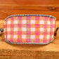 Pink and orange Gingham Bead Loom woven bracelet with adjustable leather trim