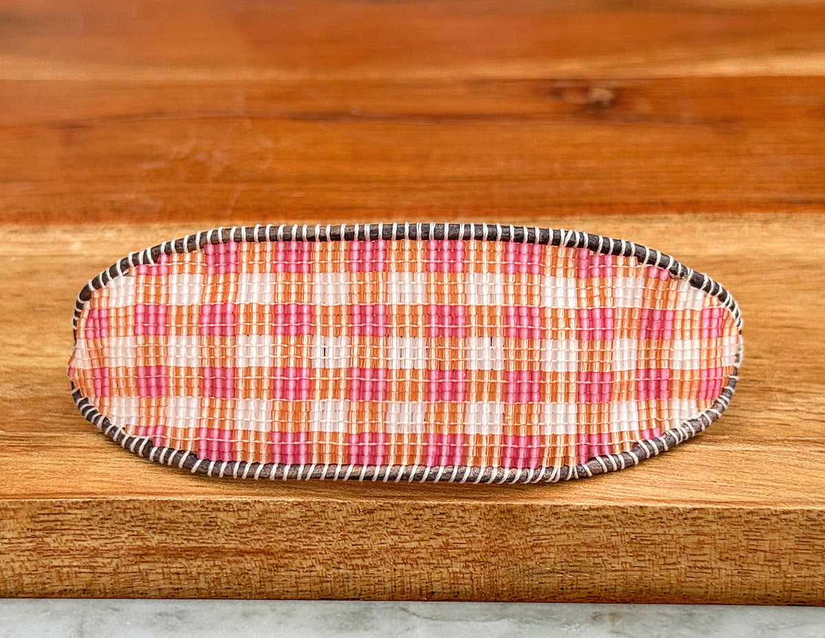 Pink and orange Gingham Bead Loom woven bracelet with adjustable leather trim