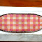Pink and orange Gingham Bead Loom woven bracelet with adjustable leather trim