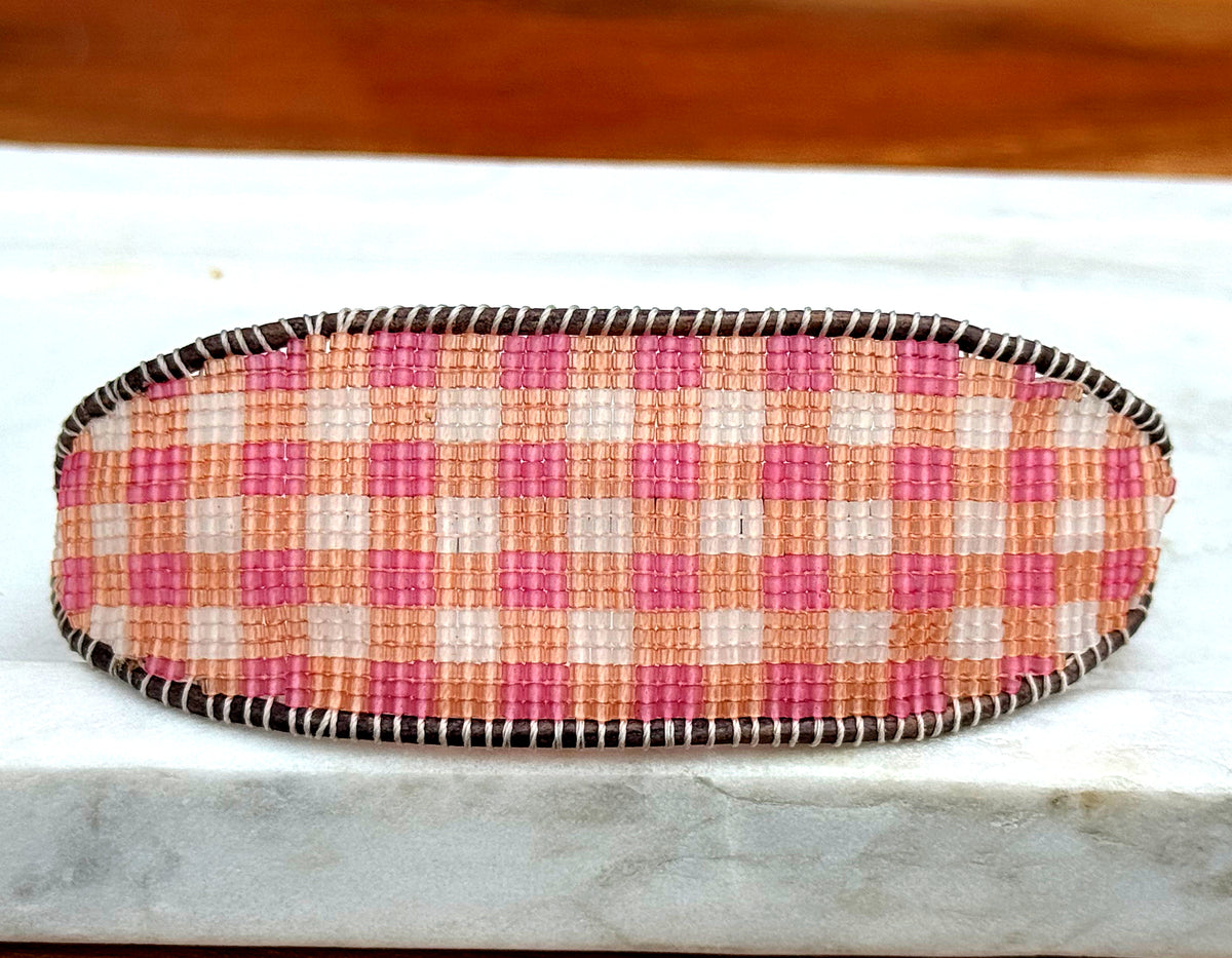 Pink and orange Gingham Bead Loom woven bracelet with adjustable leather trim