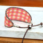Pink and orange Gingham Bead Loom woven bracelet with adjustable leather trim