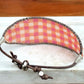 Pink and orange Gingham Bead Loom woven bracelet with adjustable leather trim