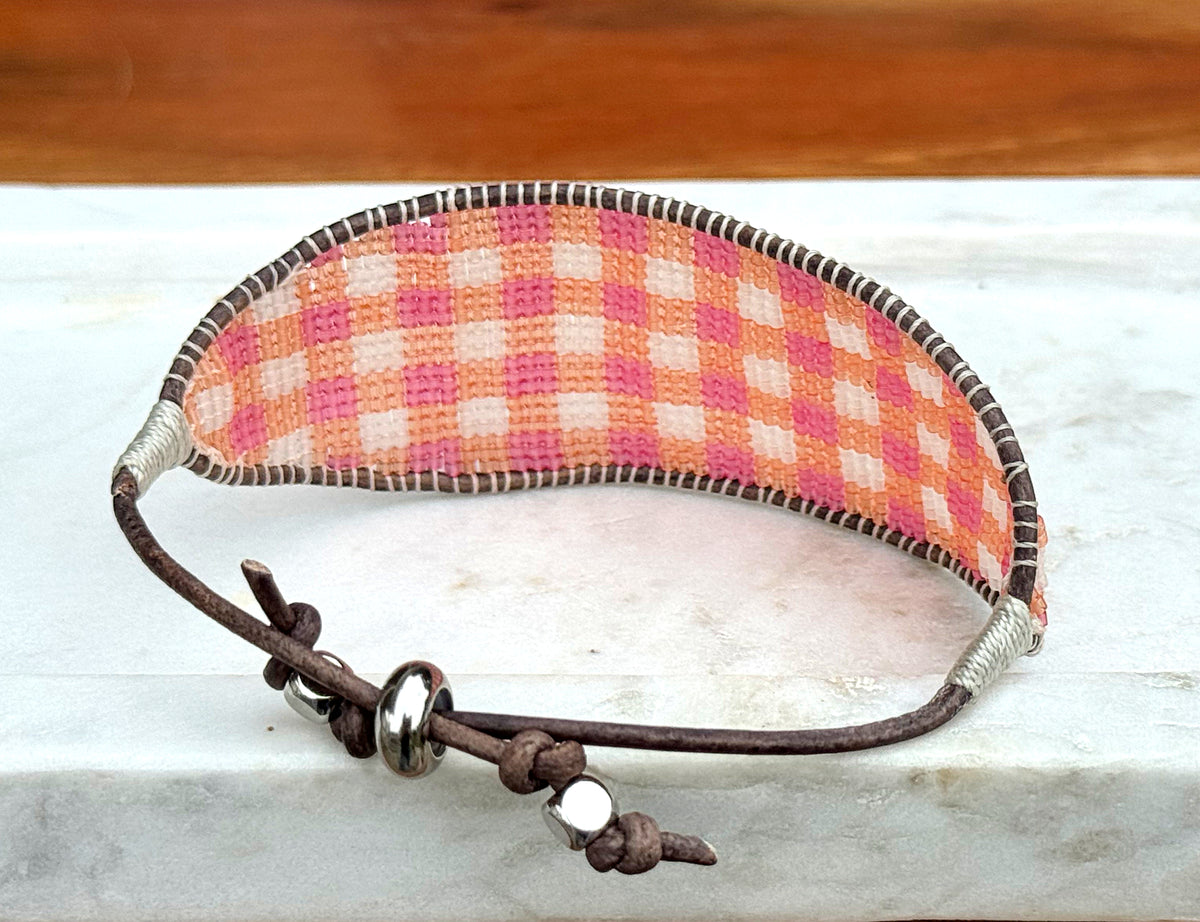 Pink and orange Gingham Bead Loom woven bracelet with adjustable leather trim