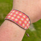Pink and orange Gingham Bead Loom woven bracelet with adjustable leather trim