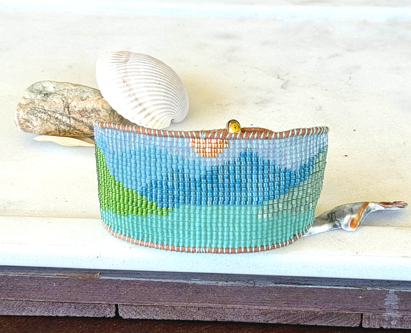 Great Lake Days American Landscape Bead Loom Woven Adjustbale Leather Trimmed Cuff Bracelet