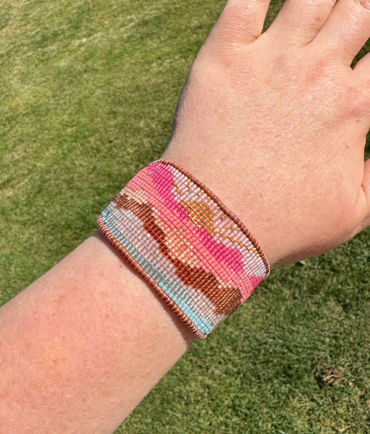 Painted Mountains American Landscape Bead Loom Woven Adjustbale Leather Trimmed Cuff Bracelet