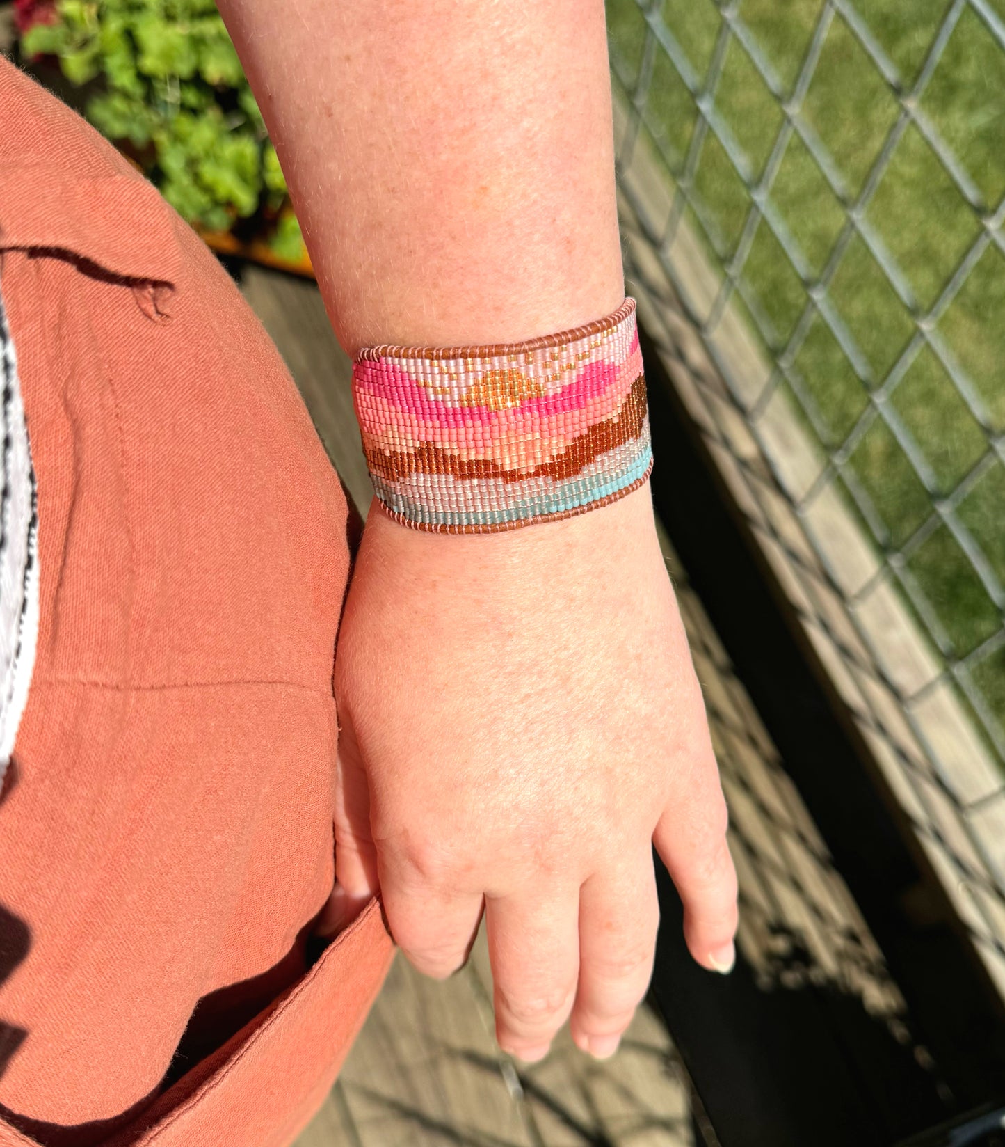 Painted Mountains American Landscape Bead Loom Woven Adjustbale Leather Trimmed Cuff Bracelet