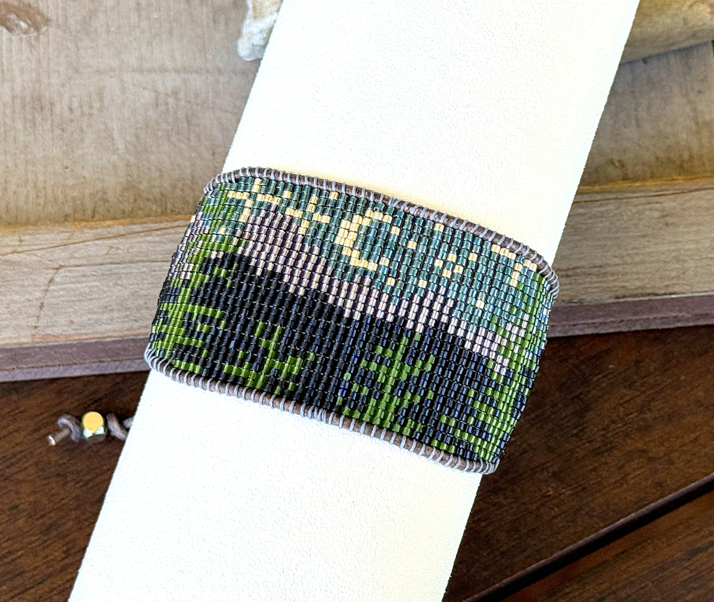 Night in the Mountains American Landscape Bead Loom Woven Adjustbale Leather Trimmed Cuff Bracelet