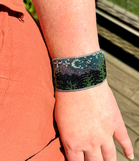 Night in the Mountains American Landscape Bead Loom Woven Adjustbale Leather Trimmed Cuff Bracelet