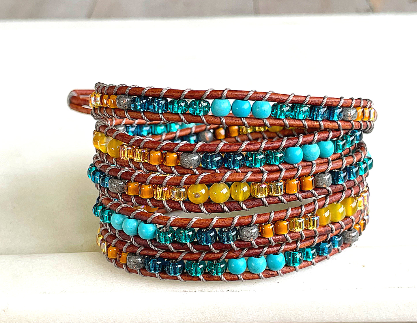 Leather Beaded 5x wrap bracelet with Honey Jade and Turquoise Magnesite