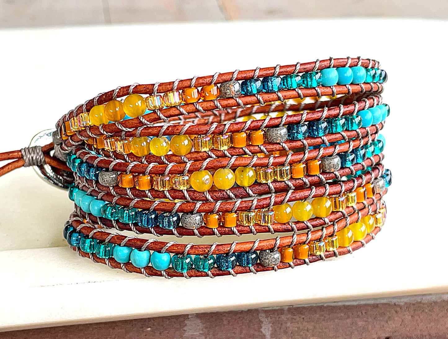 Leather Beaded 5x wrap bracelet with Honey Jade and Turquoise Magnesite