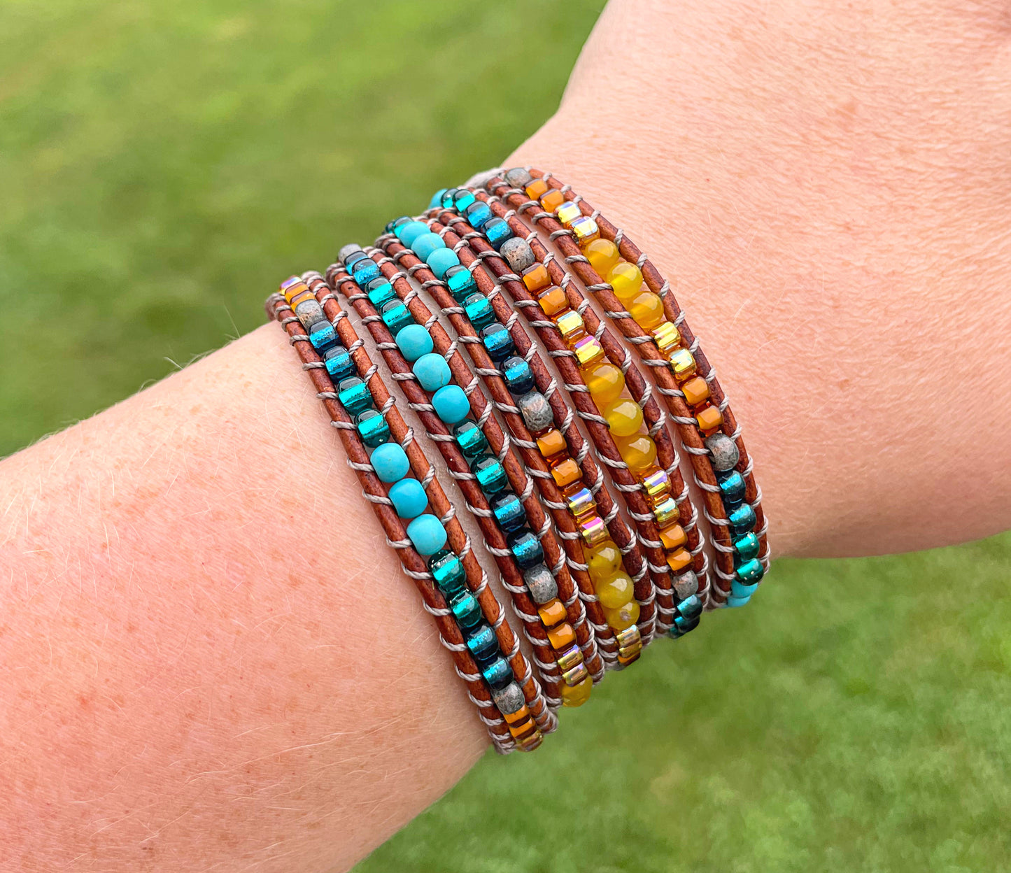 Leather Beaded 5x wrap bracelet with Honey Jade and Turquoise Magnesite