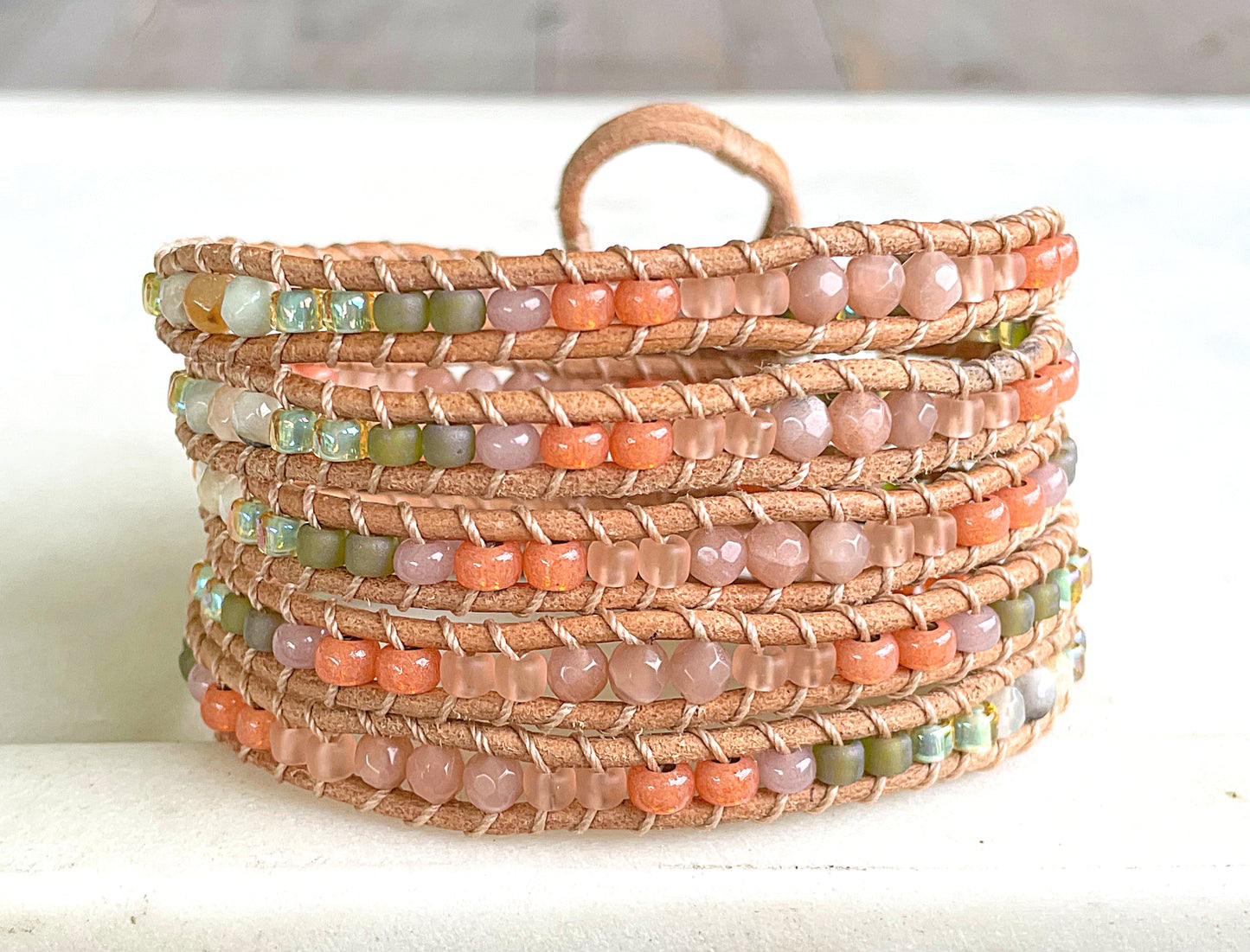 Leather Beaded 5x wrap bracelet with Honey Jade and Turquoise Magnesite