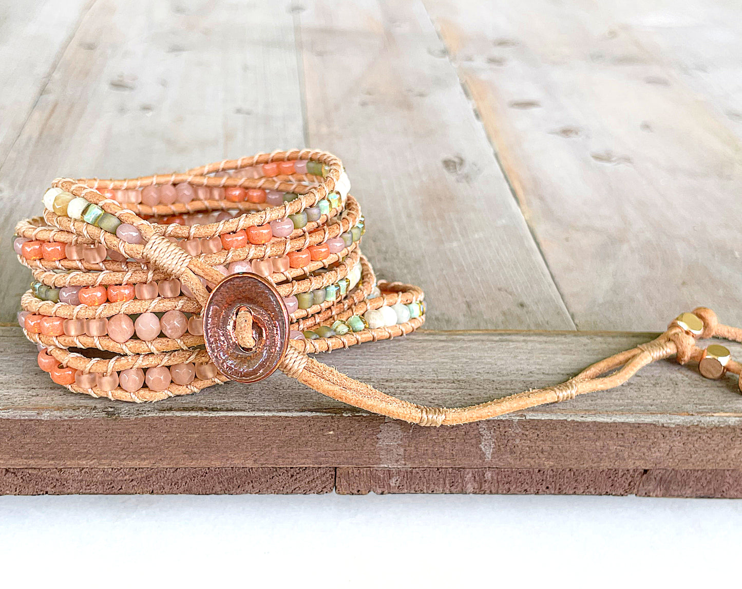 Leather Beaded 5x wrap bracelet with Sunstone and Amazonite