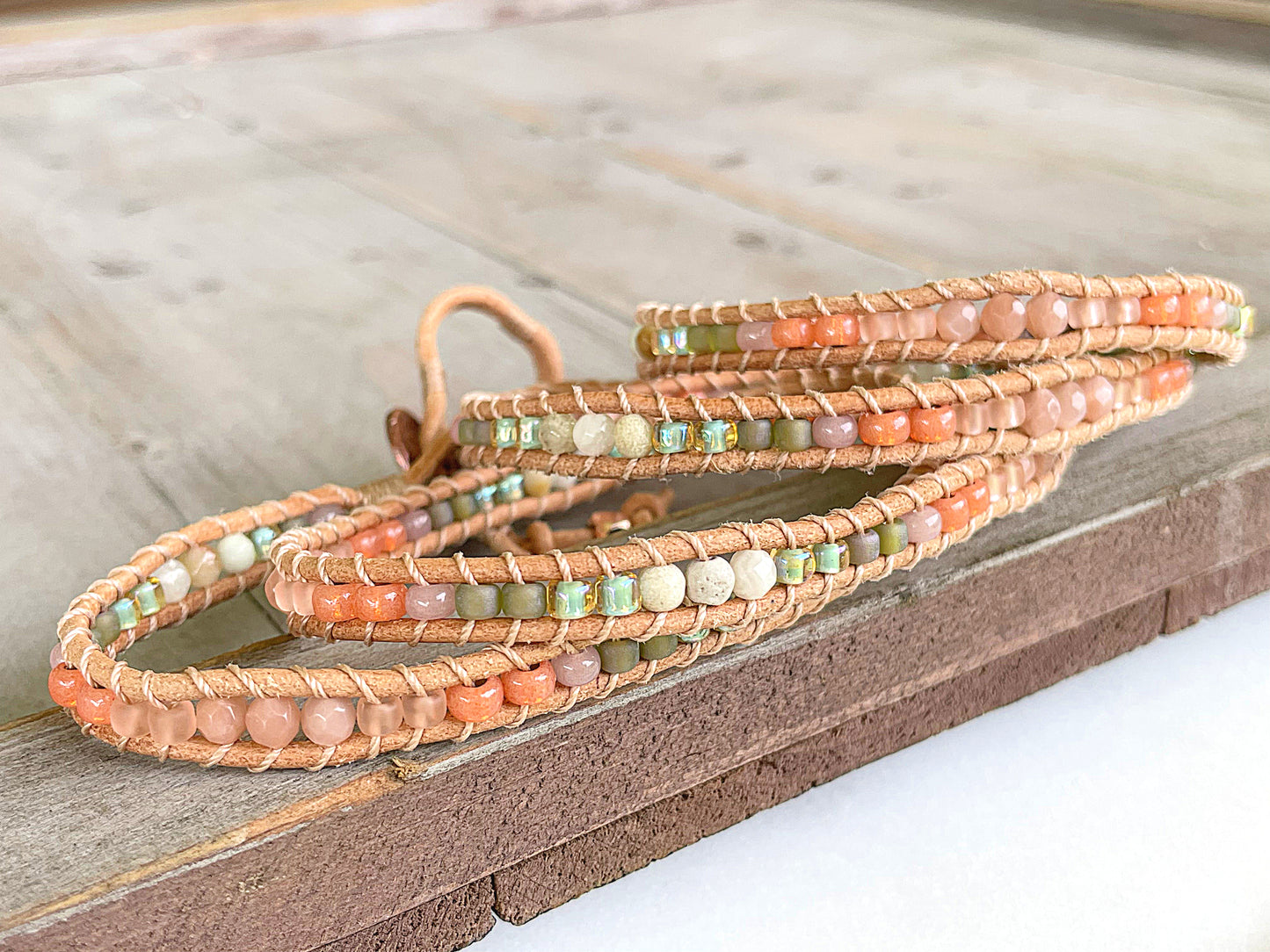 Leather Beaded 5x wrap bracelet with Sunstone and Amazonite