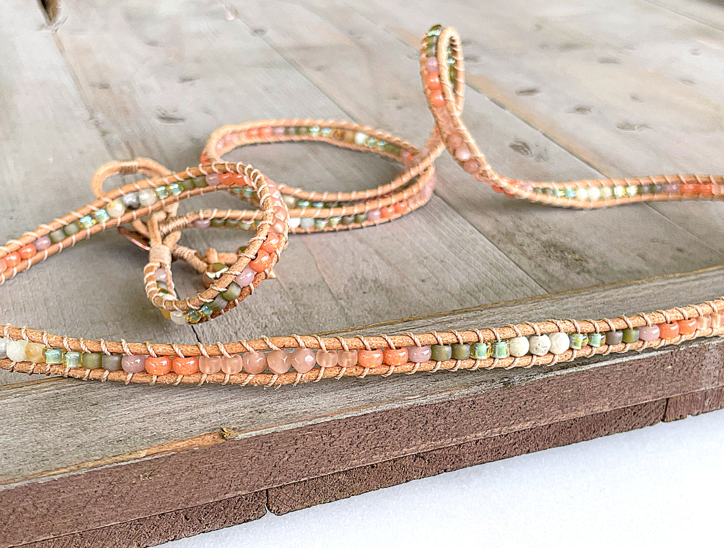 Leather Beaded 5x wrap bracelet with Sunstone and Amazonite