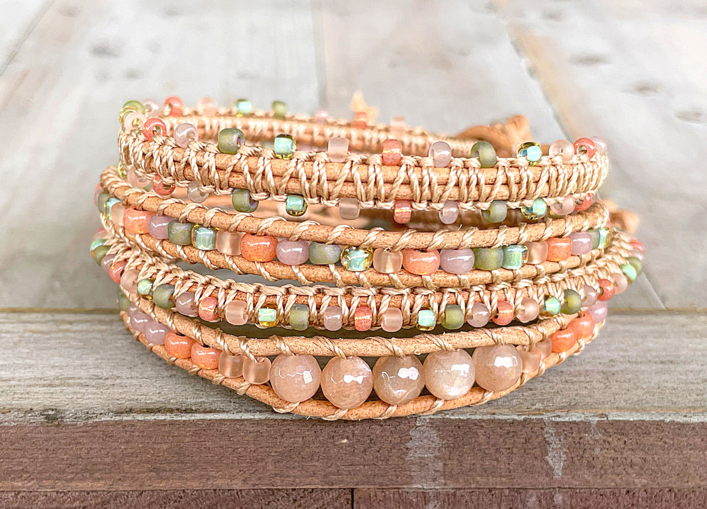 Peach and Olive Leather Beaded Macrame Bracelet Set