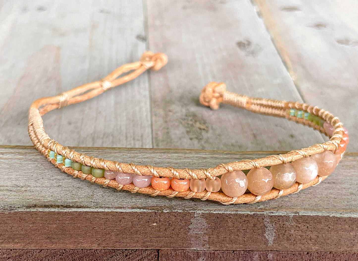 Peach and Olive Leather Beaded Macrame Bracelet Set