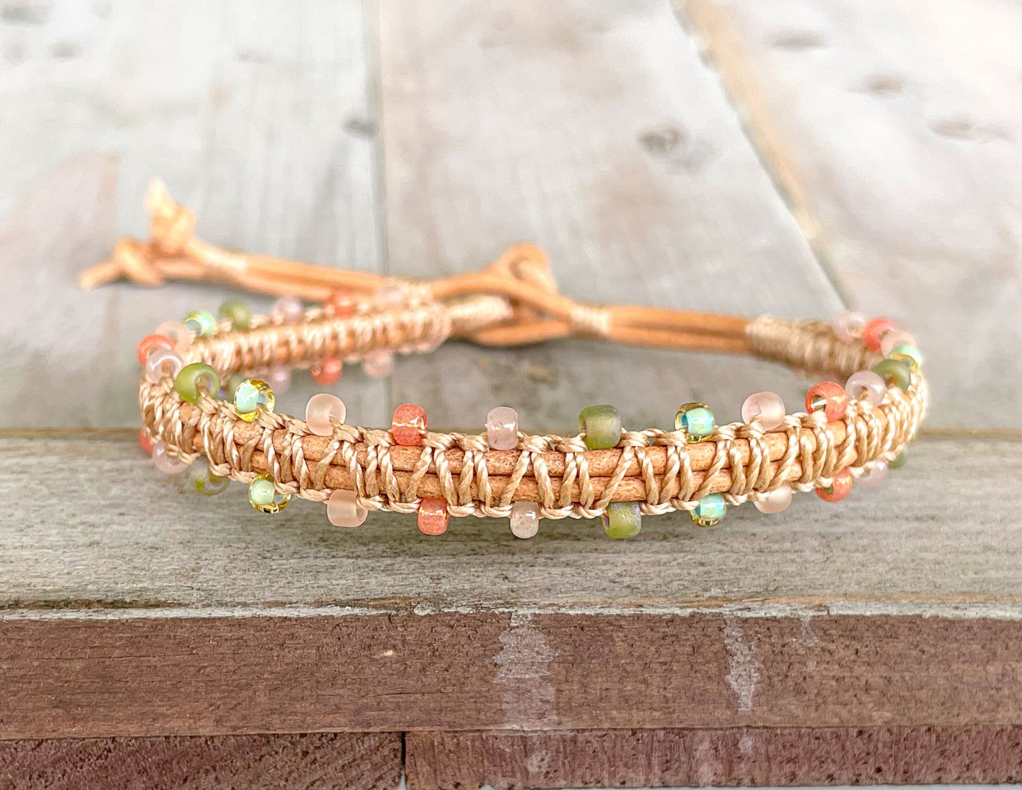 Peach and Olive Leather Beaded Macrame Bracelet Set