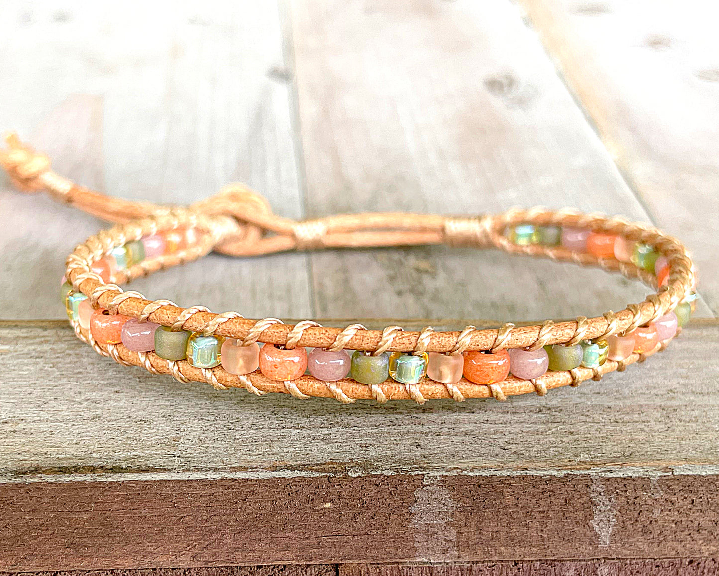 Peach and Olive Leather Beaded Macrame Bracelet Set