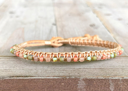 Peach and Olive Leather Beaded Macrame Bracelet Set