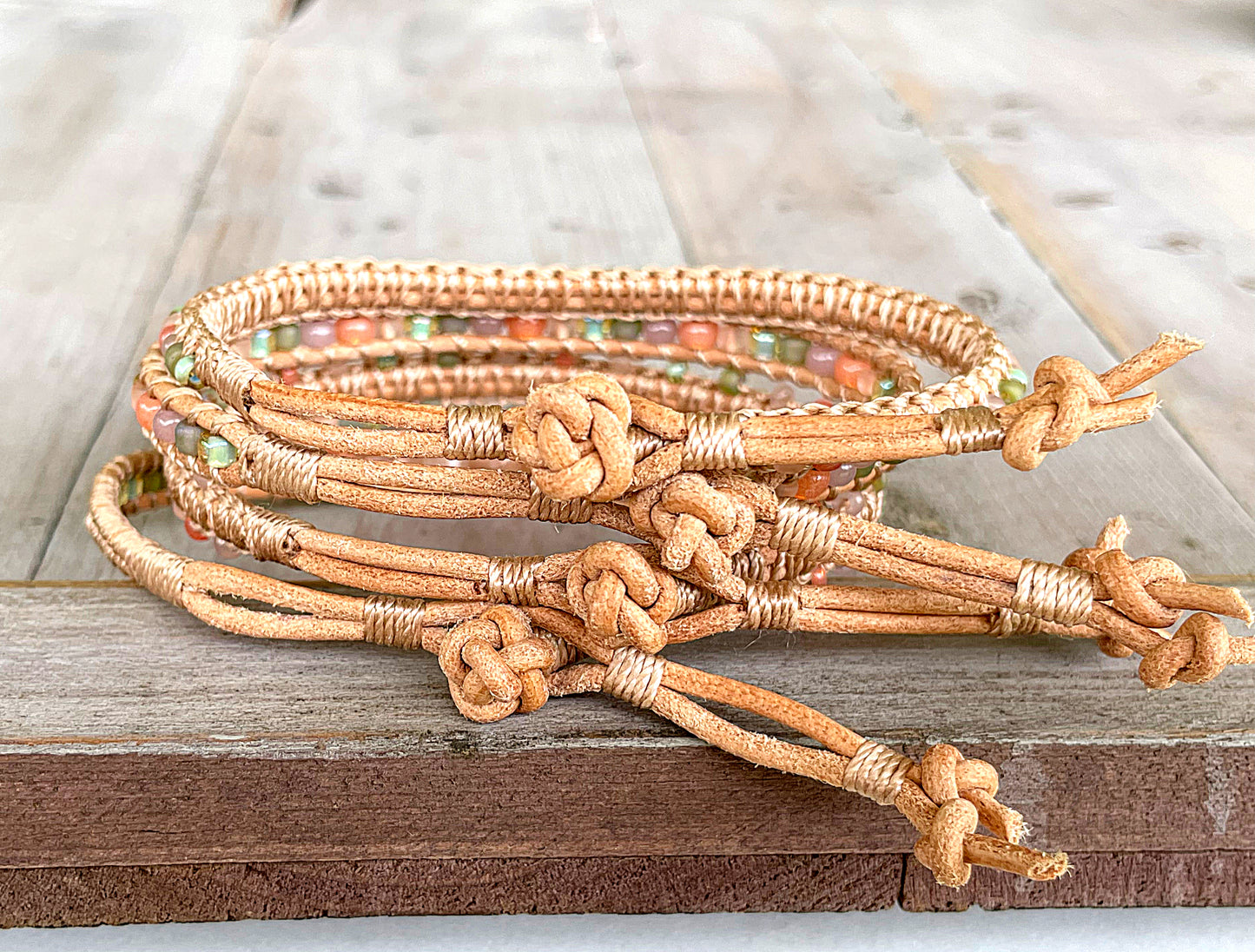 Peach and Olive Leather Beaded Macrame Bracelet Set