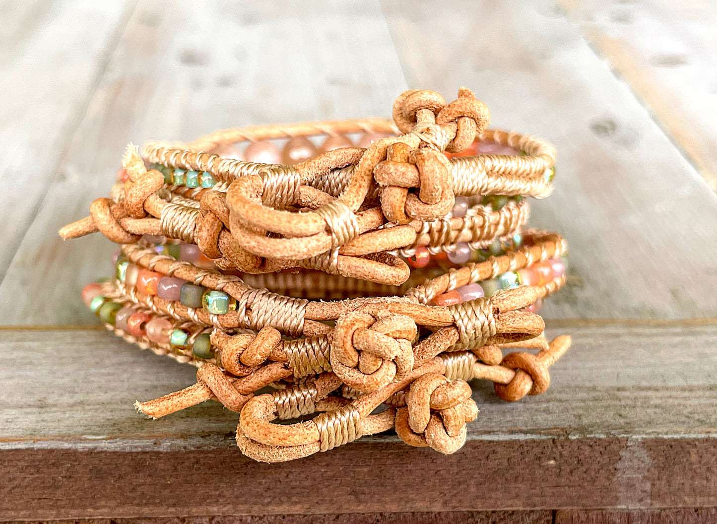 Peach and Olive Leather Beaded Macrame Bracelet Set