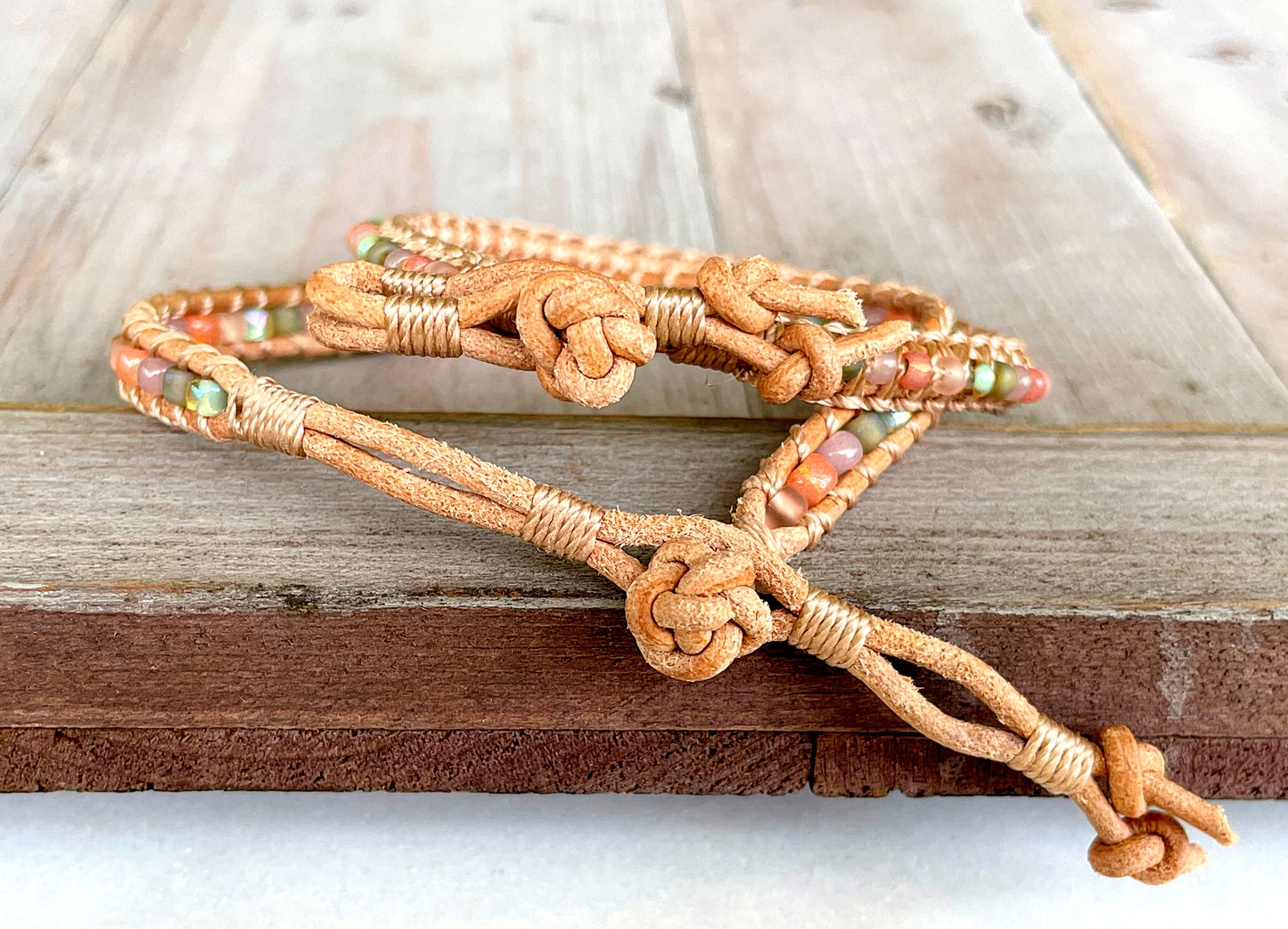 Peach and Olive Leather Beaded Macrame Bracelet Set