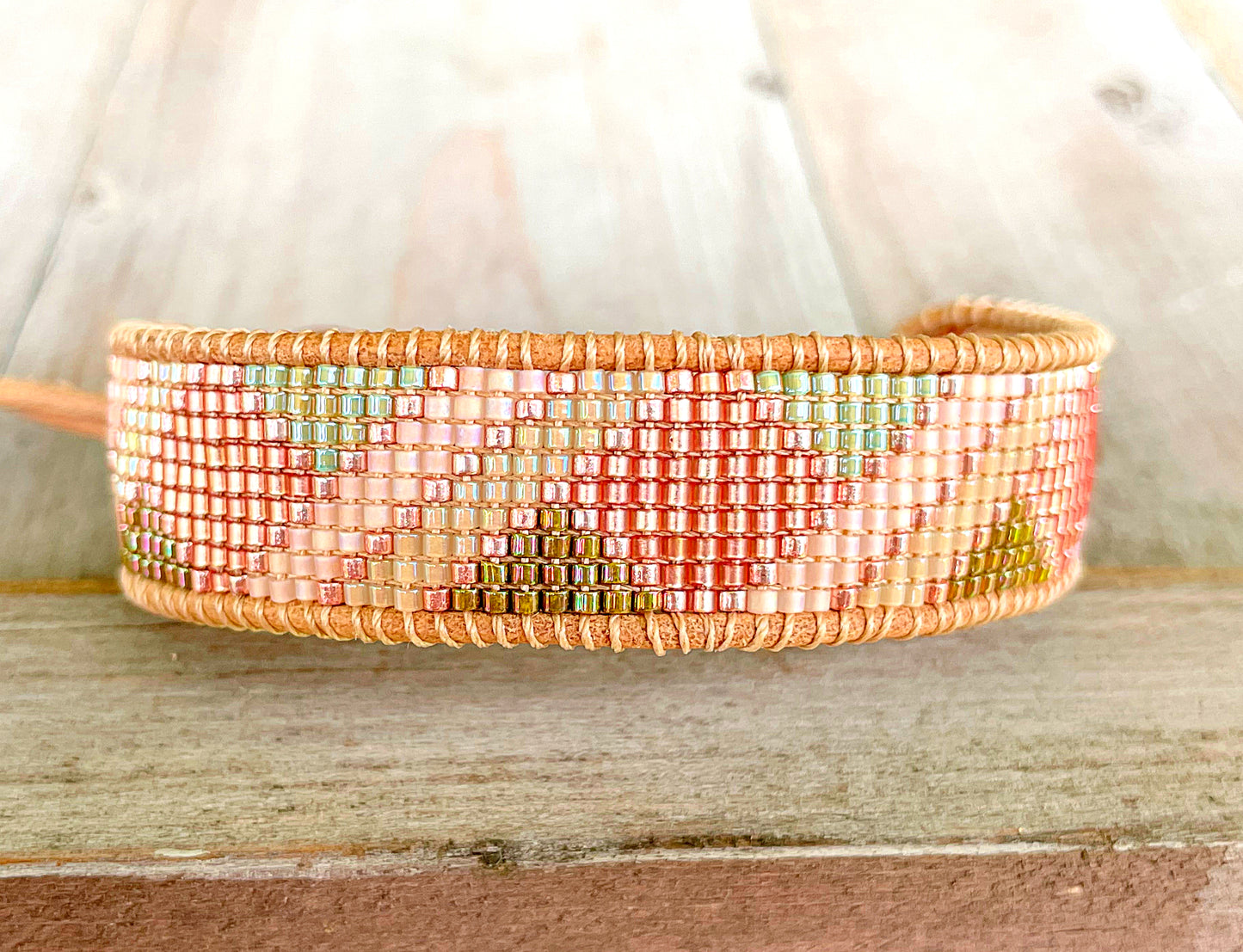 Peach and Olive Green Loom woven geometric beaded friendship bracelet