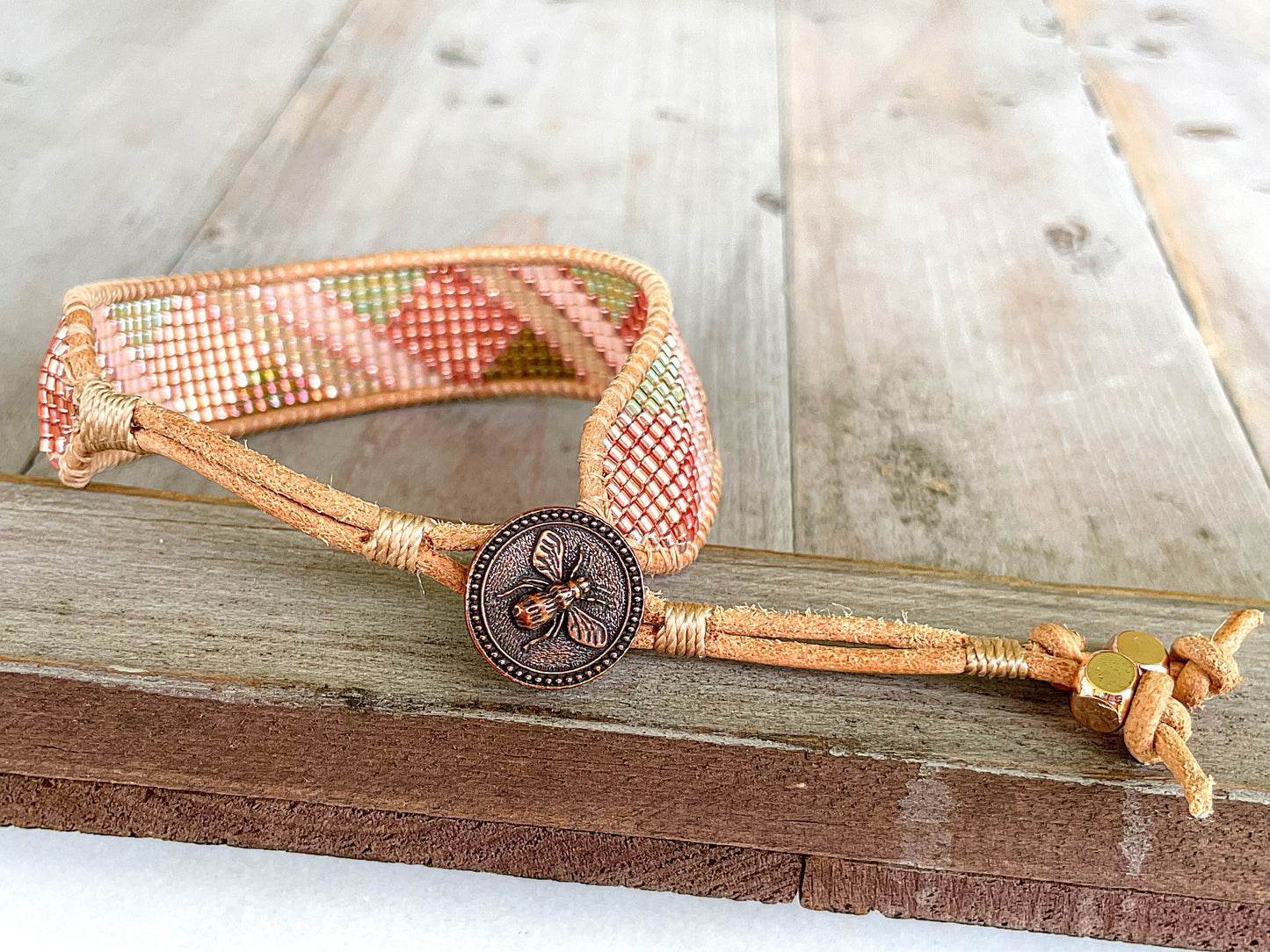 Peach and Olive geometric Beaded Macrame Bracelet and Diamond Loom Set