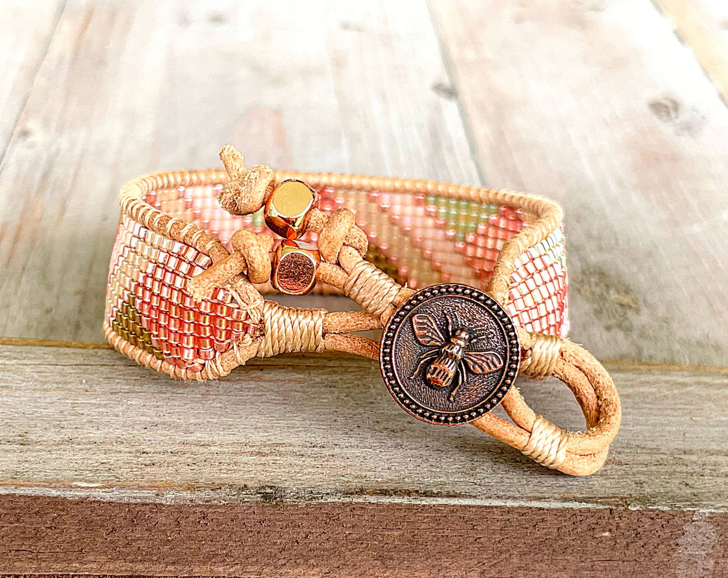 Peach and Olive geometric Beaded Macrame Bracelet and Diamond Loom Set