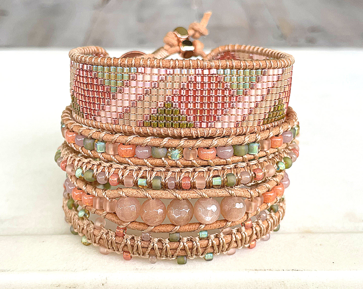 Peach and Olive geometric Beaded Macrame Bracelet and Diamond Loom Set