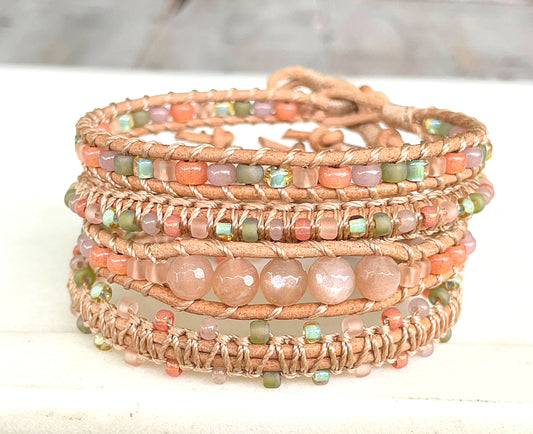 Peach and Olive Leather Beaded Macrame Bracelet Set