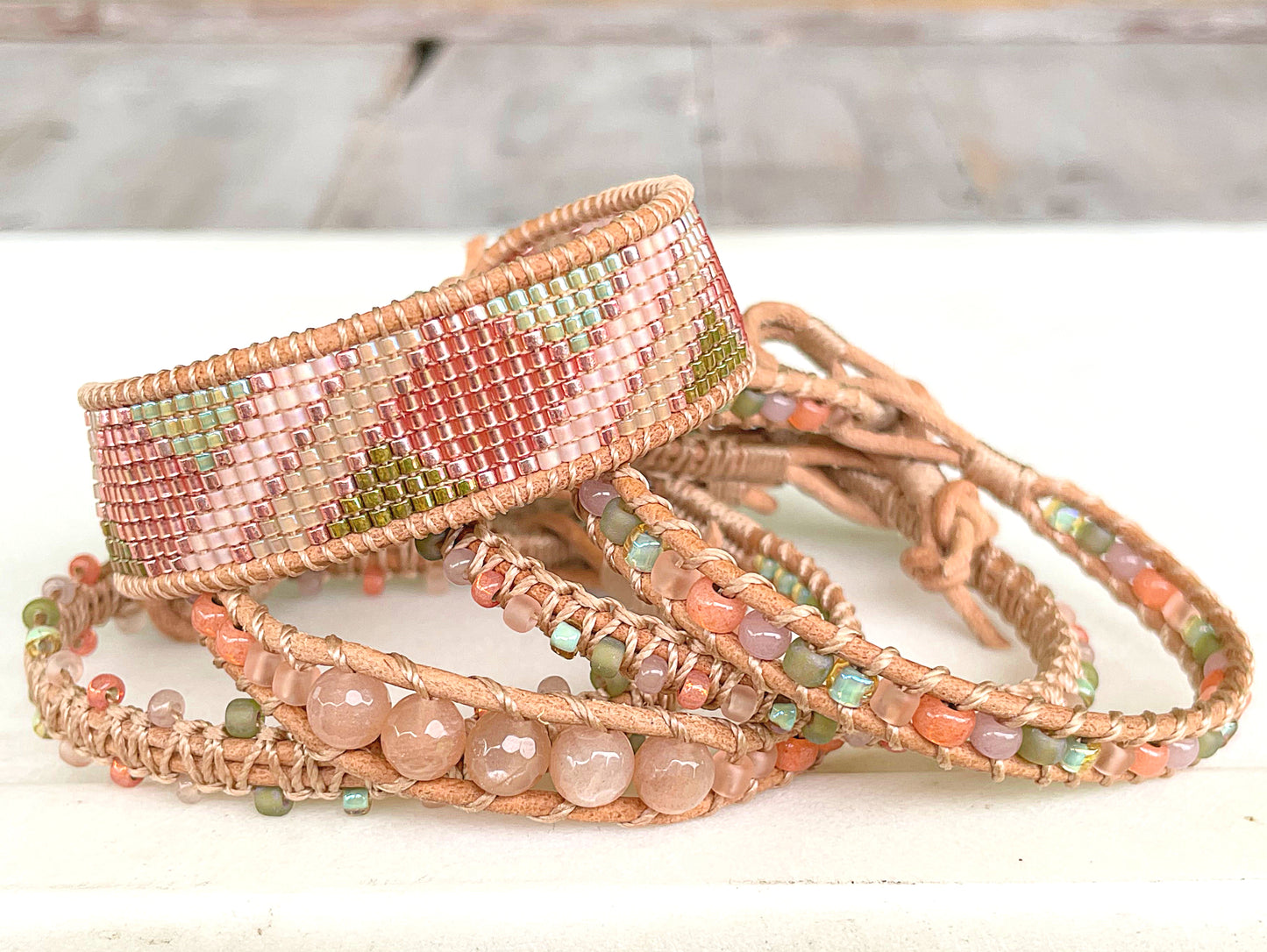 Peach and Olive geometric Beaded Macrame Bracelet and Diamond Loom Set