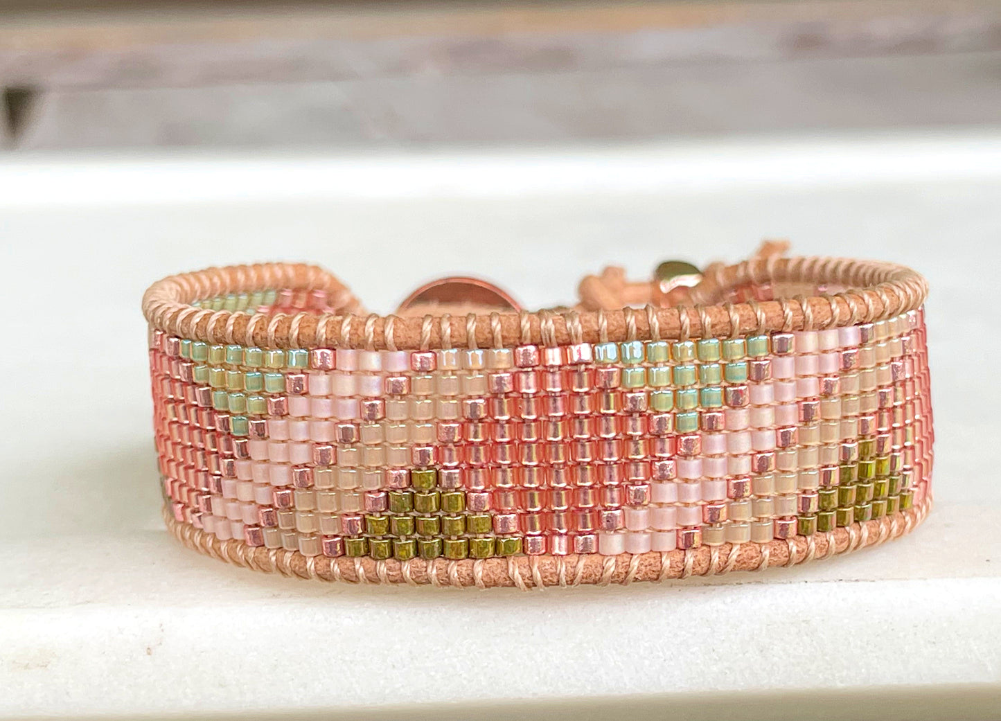 Peach and Olive geometric Beaded Macrame Bracelet and Diamond Loom Set