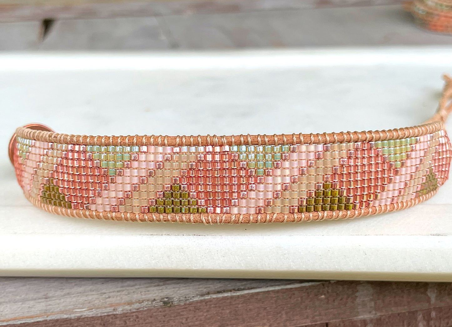 Peach and Olive Green Loom woven geometric beaded friendship bracelet