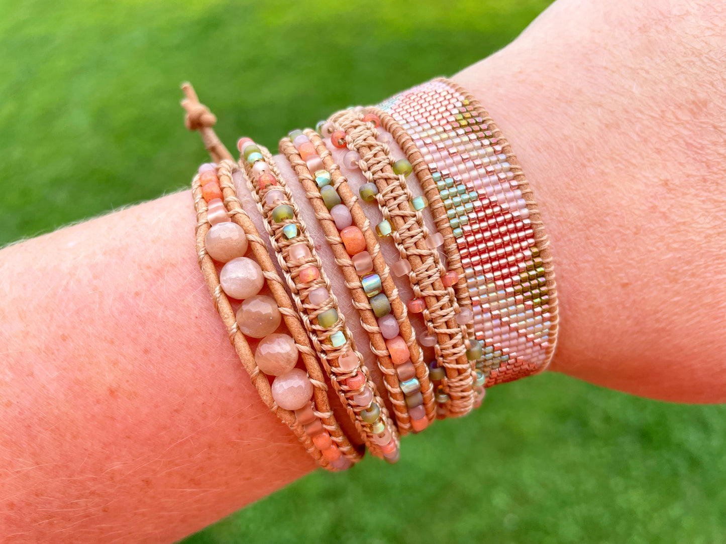 Peach and Olive Leather Beaded Macrame Bracelet Set