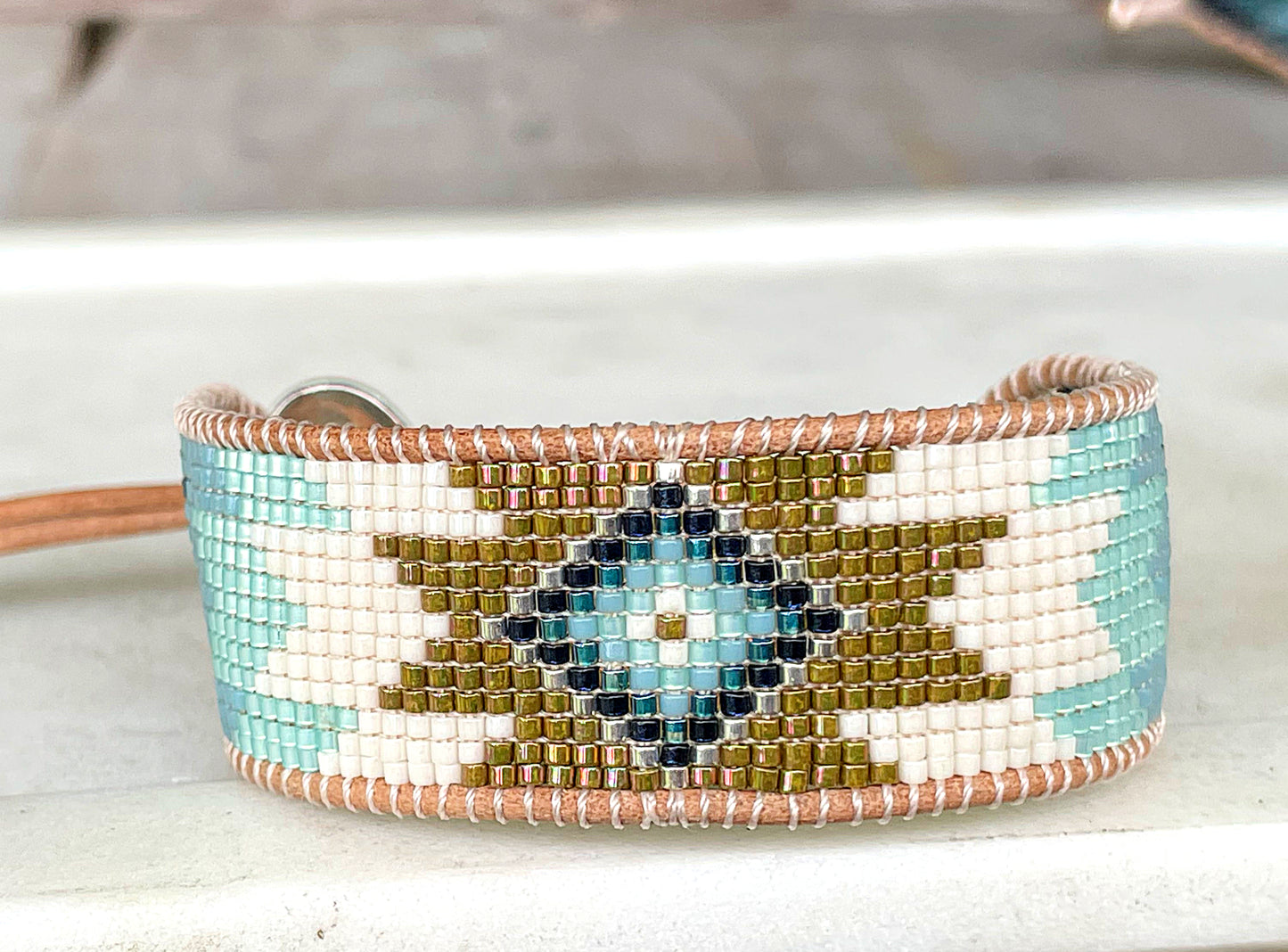 Green and Blue Starburst Southwestern Beaded Loom Cuff Bracelet