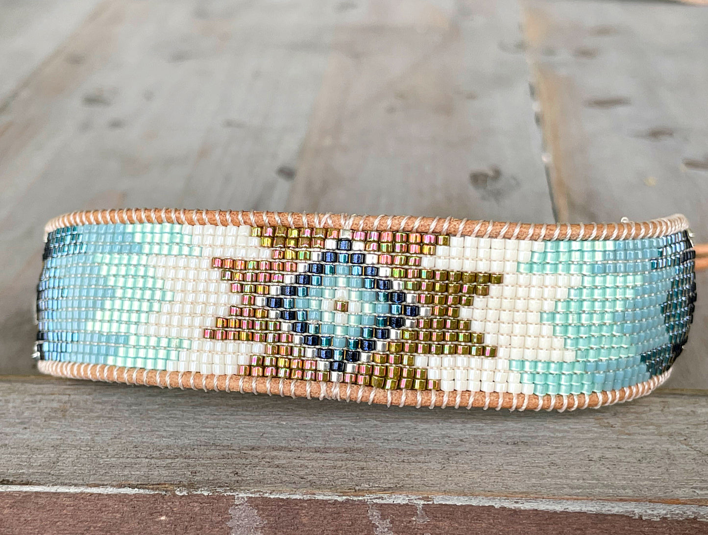 Green and Blue Starburst Southwestern Beaded Loom Cuff Bracelet