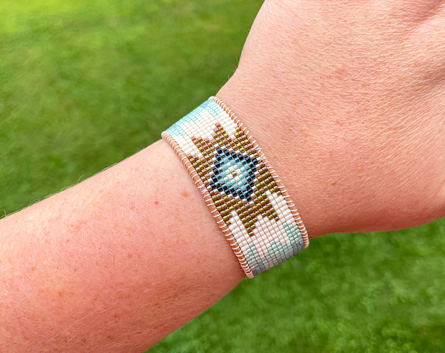 Green and Blue Starburst Southwestern Beaded Loom Cuff Bracelet