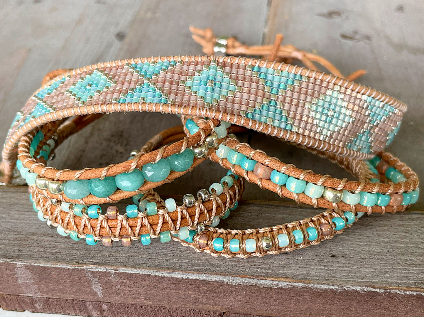 Seafoam ombré Aqua Jade Beaded Macrame Bracelet and Diamond Loom Woven Set